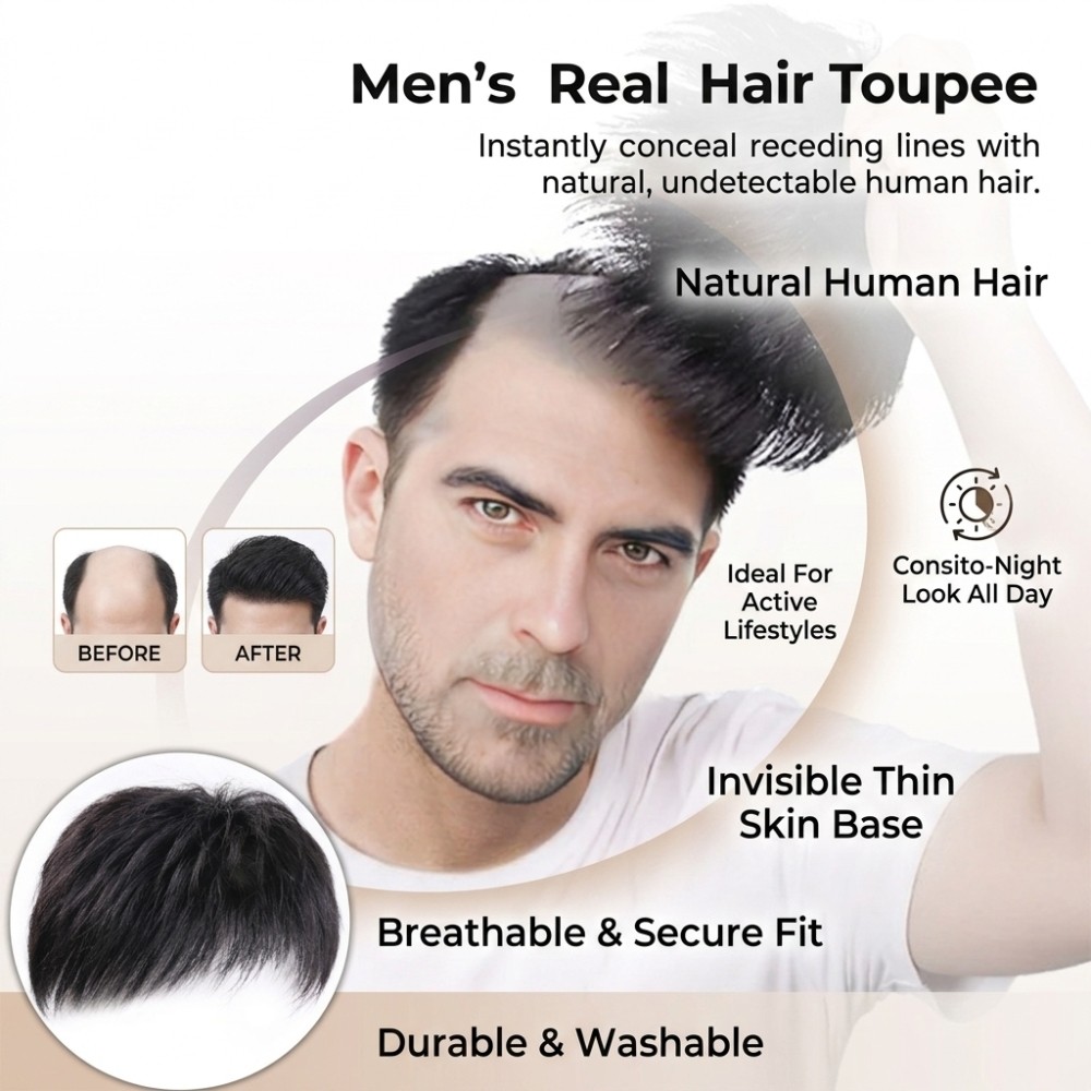 Men’s Hair Topper Invisible Breathable Mesh Hairpiece Natural Black 2 Pieces