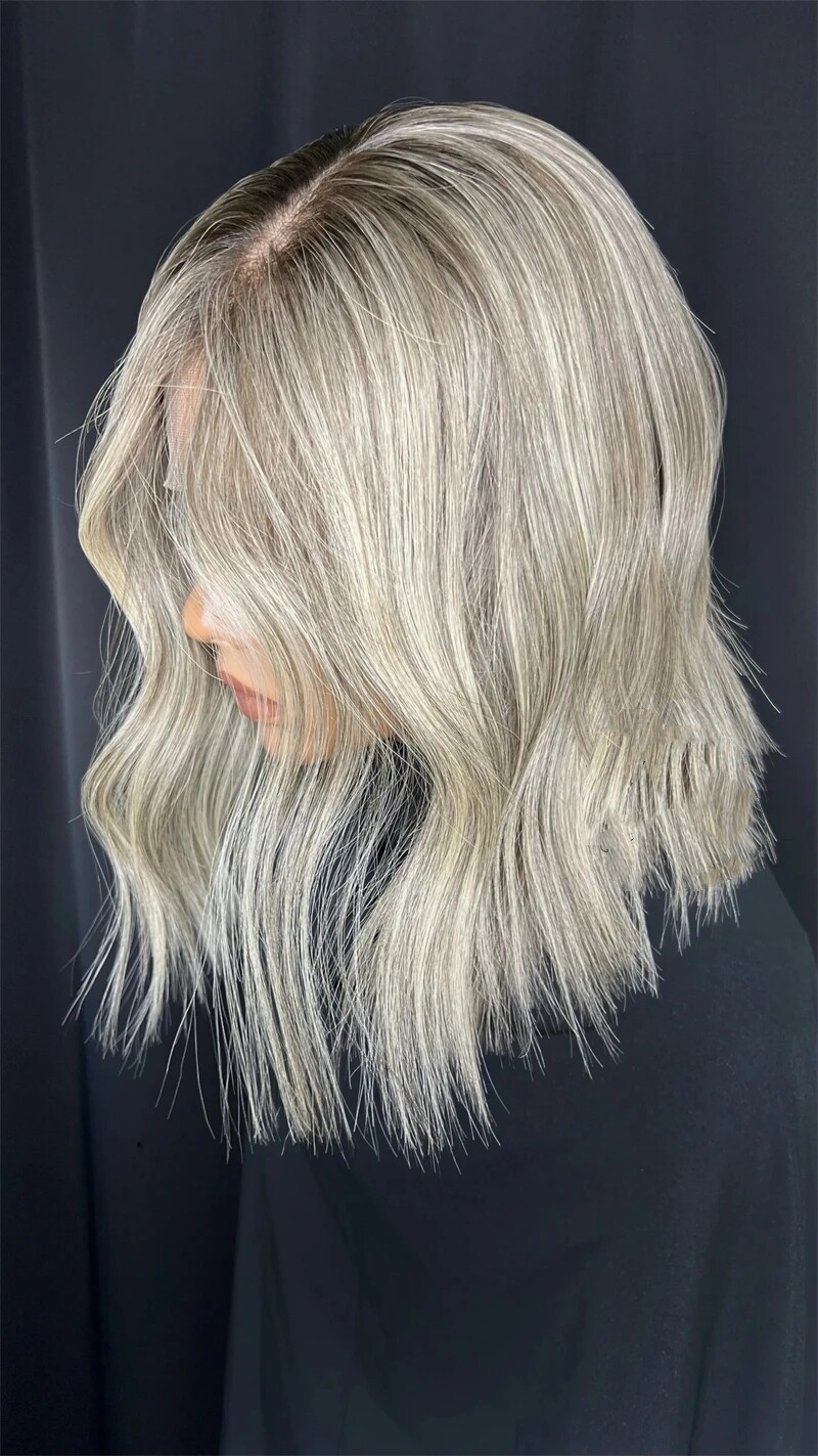 Short Bob Wave Ash Blonde Highlights Colored Remy Human Hair 13×4 Lace Front Wig