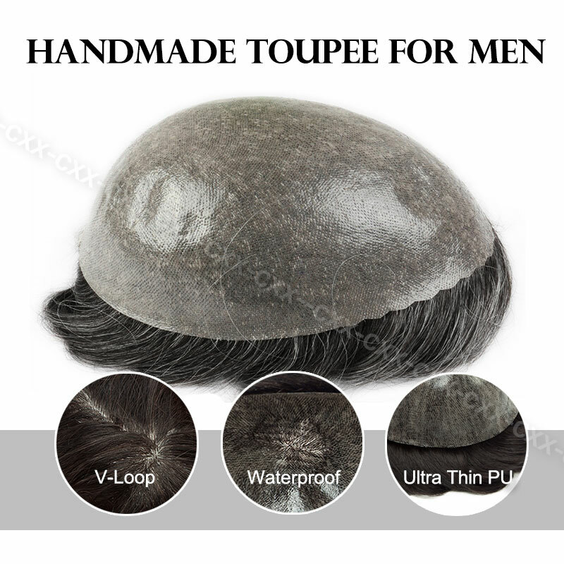 Mens Toupee Hairpiece PU Thin Skin 100% Human Hair System Replacement Wig Silver