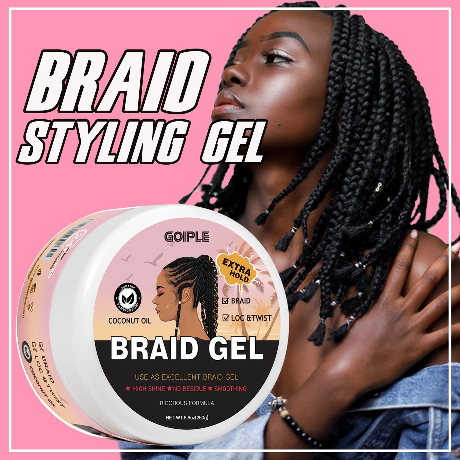Braid Gel Good for Twist, Locs, Braids, Edge No Flake Extra Hold High Shine