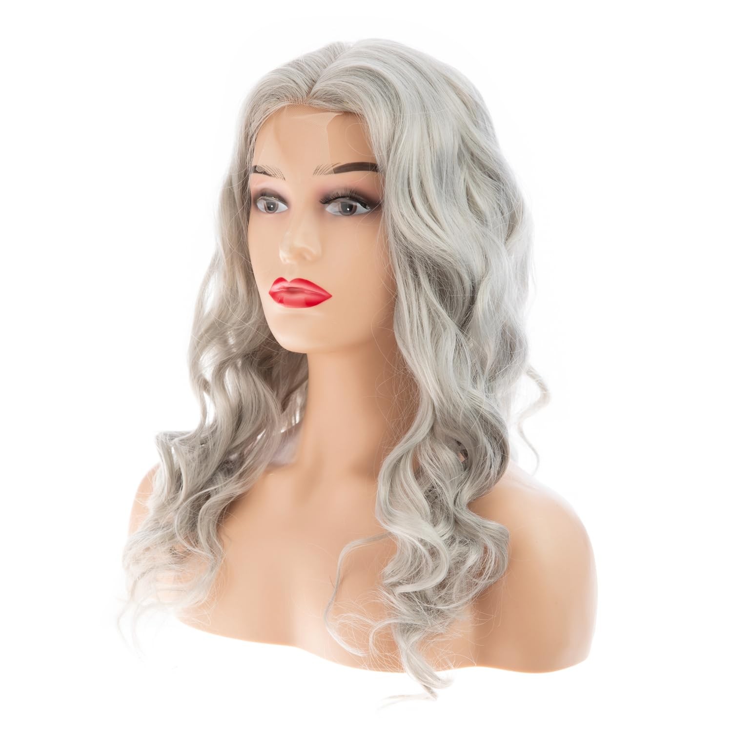 Long Curly Wavy Gray Lace Wig for Women Middle Part Small Lace Front Wig Synt…