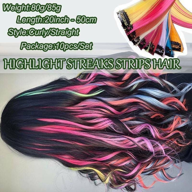 10pcs as human Hair Multi Color Clip In Hair Extensions Rainbow Streak Hair Fake
