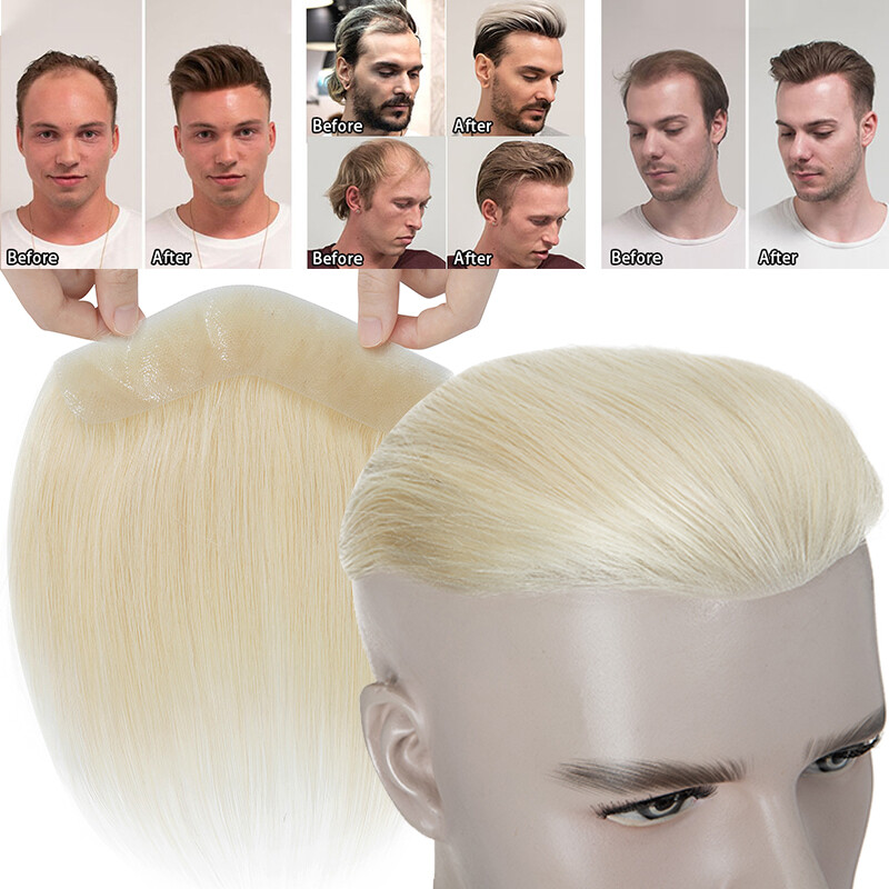 Mens Toupee for Frontal Receding Hairline Real Human Hair V-Looped PU Hairpiece