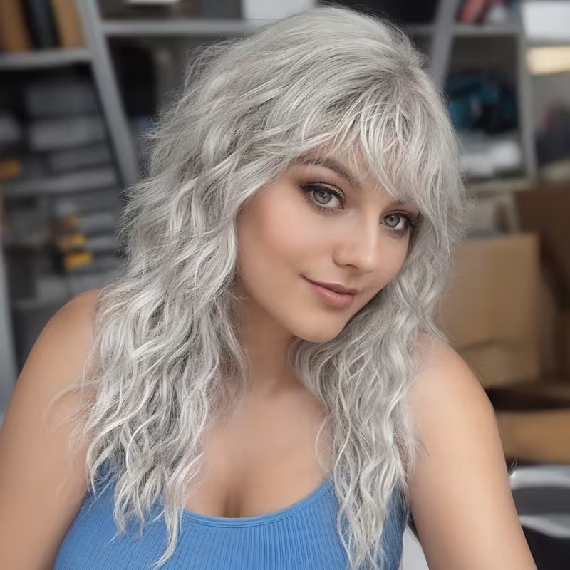 Women’s Gray White Fluffy Water Wave Long Curly Wig Heat Resistant Synthetic