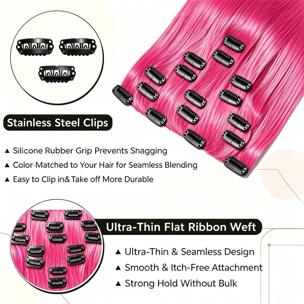 20″ 110g Pink Clip-In Hair Extensions, Real Remy Human Hair, Soft & Invisible, 7