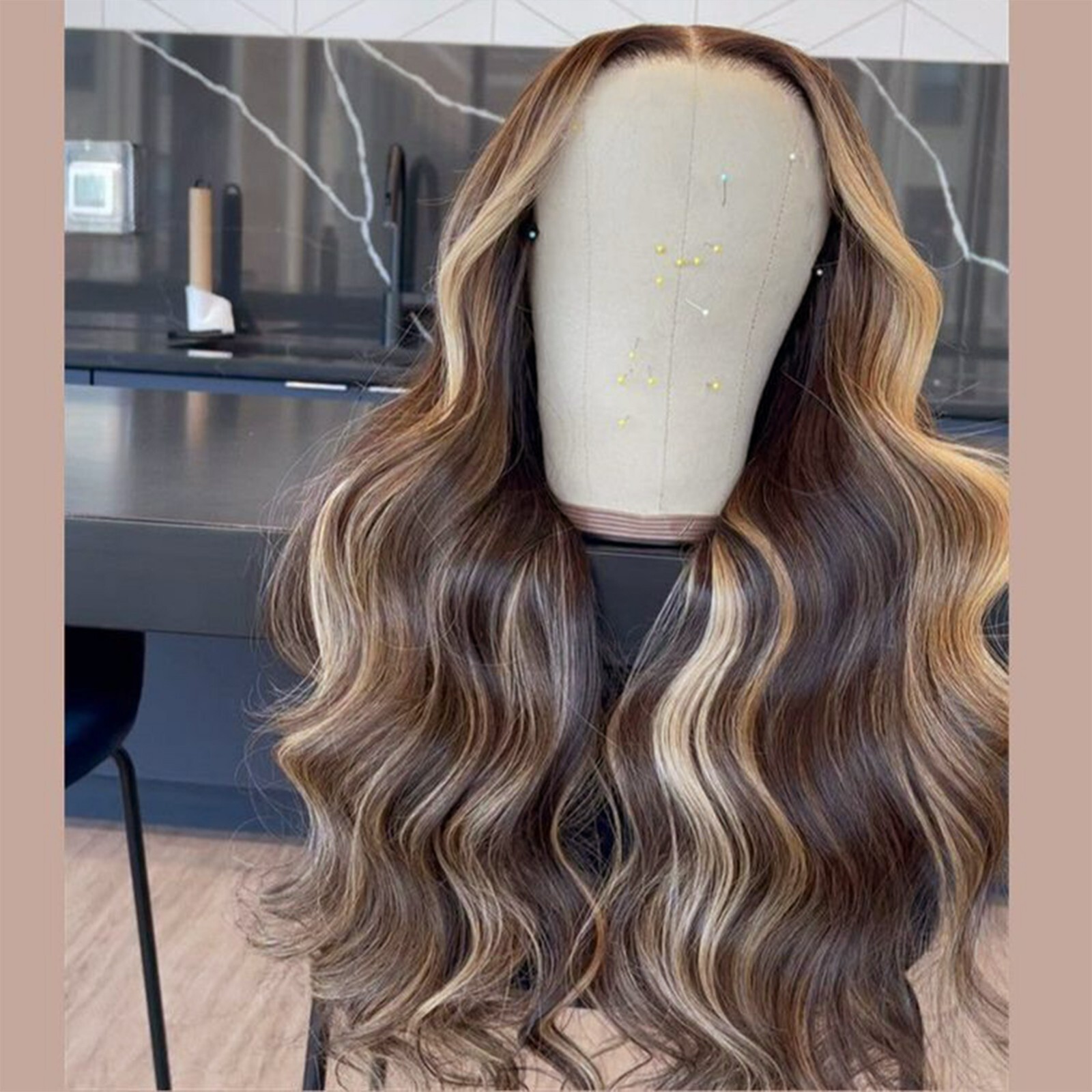 Ombre Brown Blonde Synthetic Lace Wigs Long Wavy Highlights Hair Heat Resistant