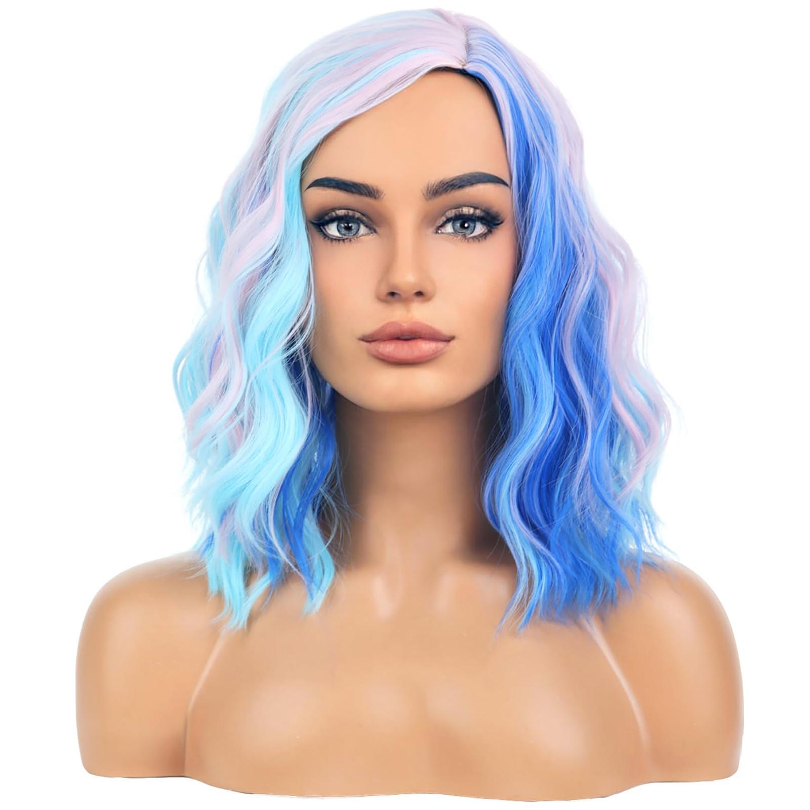 Pink and Blue Wigs for Womens Short Curly Wavy Wig Girls Colorful Side Part W…