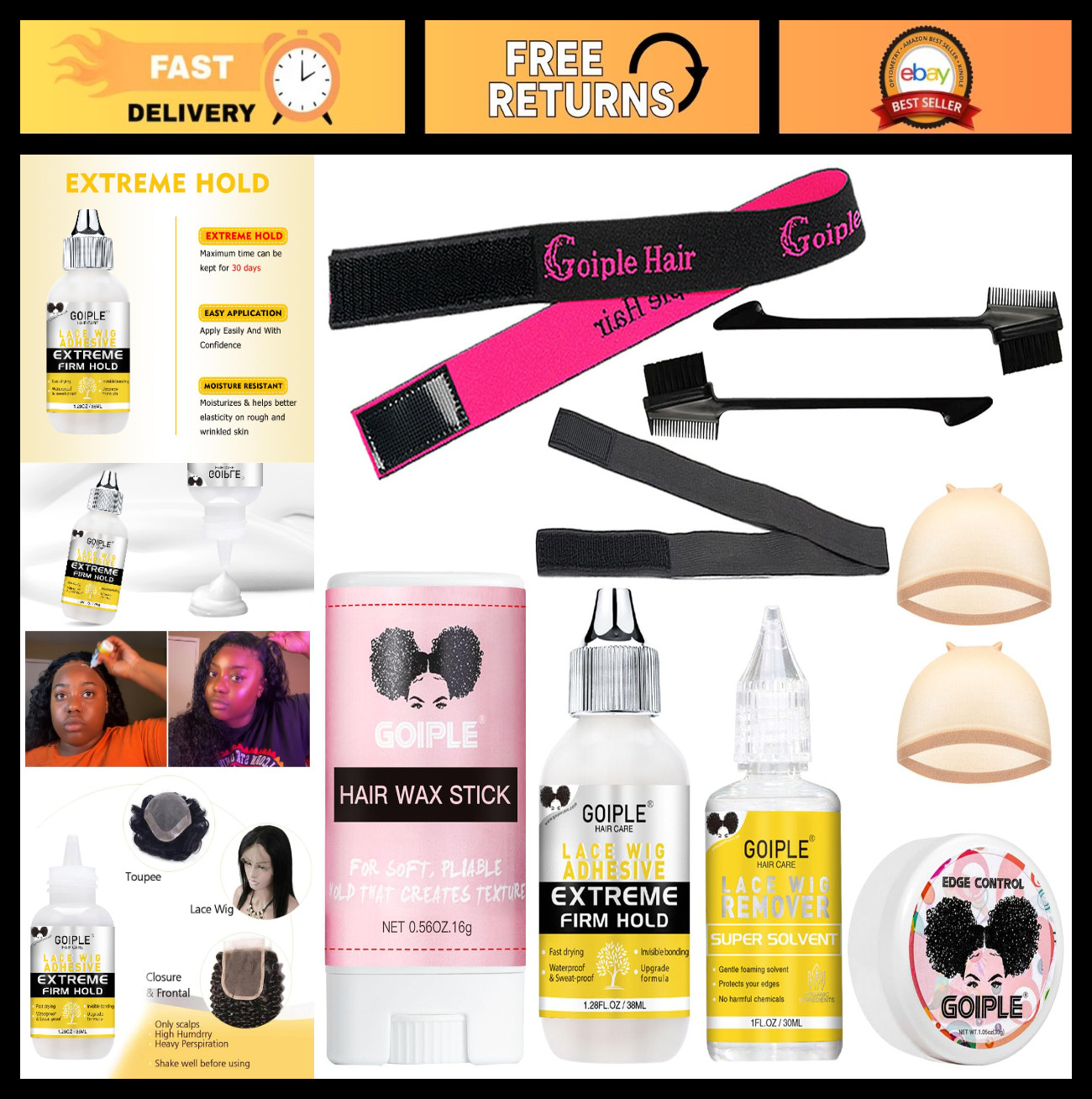 Waterproof Wig Glue 1.28oz – Lace Front Adhesive, Remover, Wax Stick & Tools