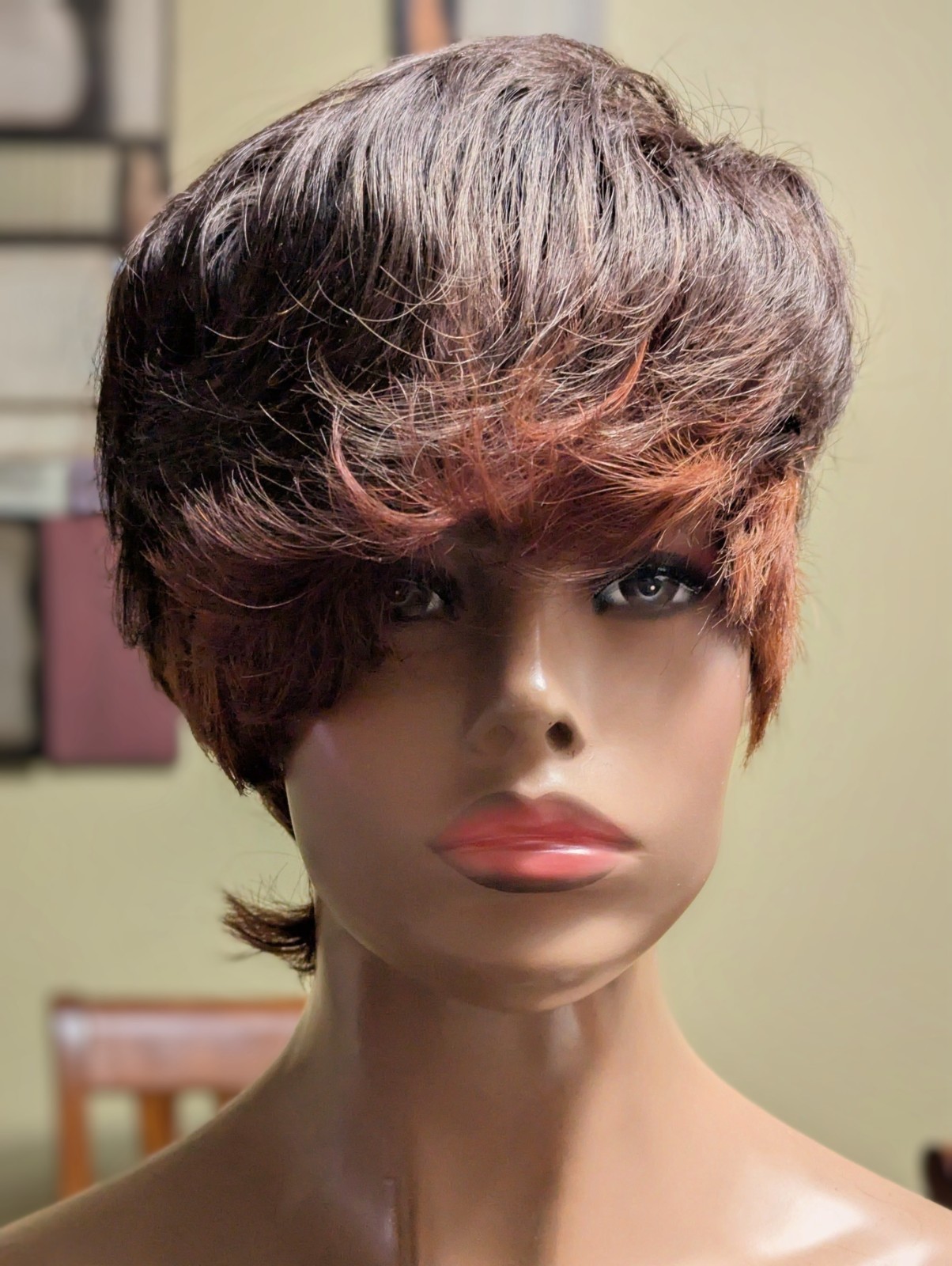Asymmetrical 100% Virgin Chinese Full Cut Lace Wig Color Brown Highlight Arburn