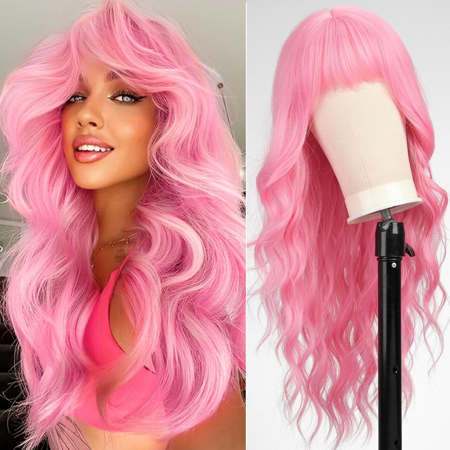 Multicolor Water Wave Long Curly Wig with Bangs Heat Resistant Synthetic Full