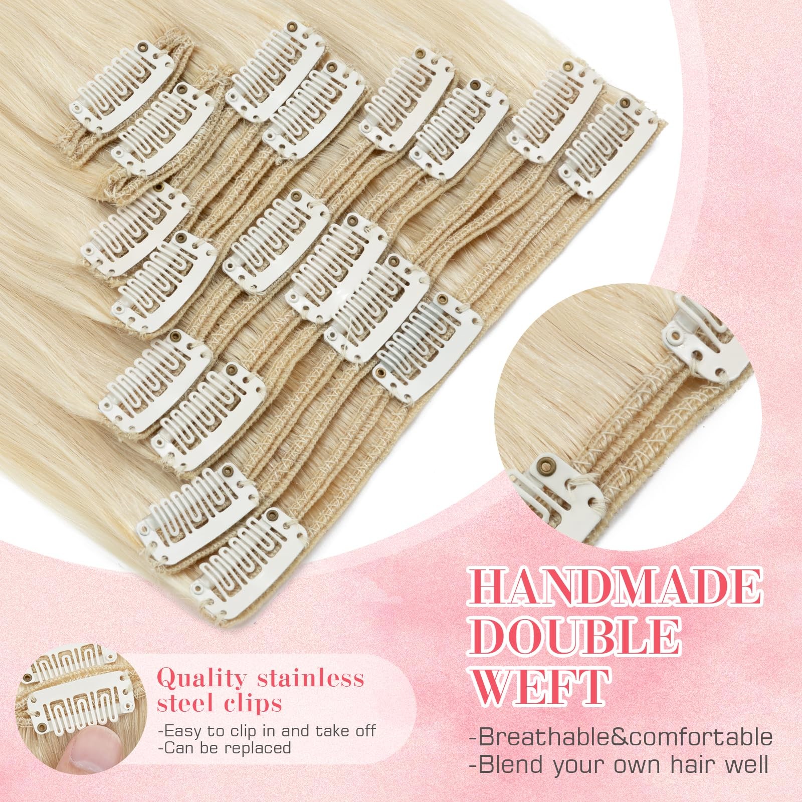 Clip in Hair Extensions Real Human Hair Platinum Blonde Clip on Extensions 18…