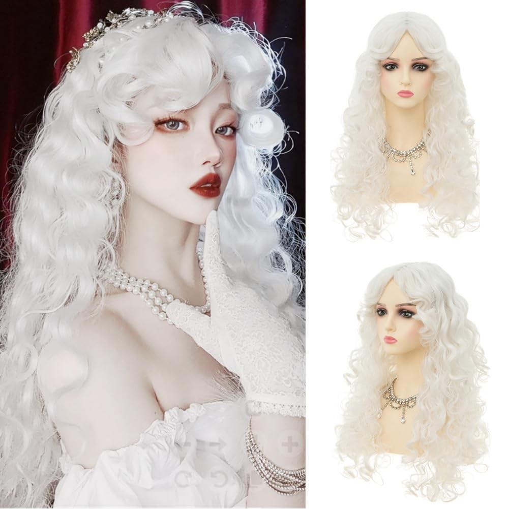White Long Curly Wigs for Women With bangs Synthetic Queen Princess Middle Pa…