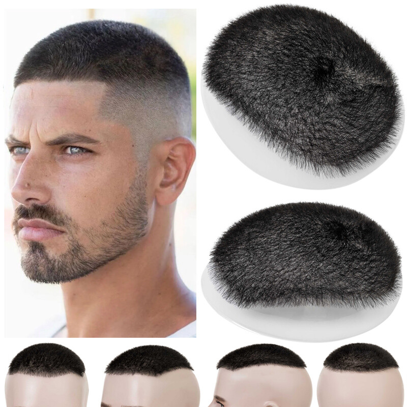 Mens Human Hair Toupee System Thin Skin PU Hairpiece Wig Short Buzz Cut Black US