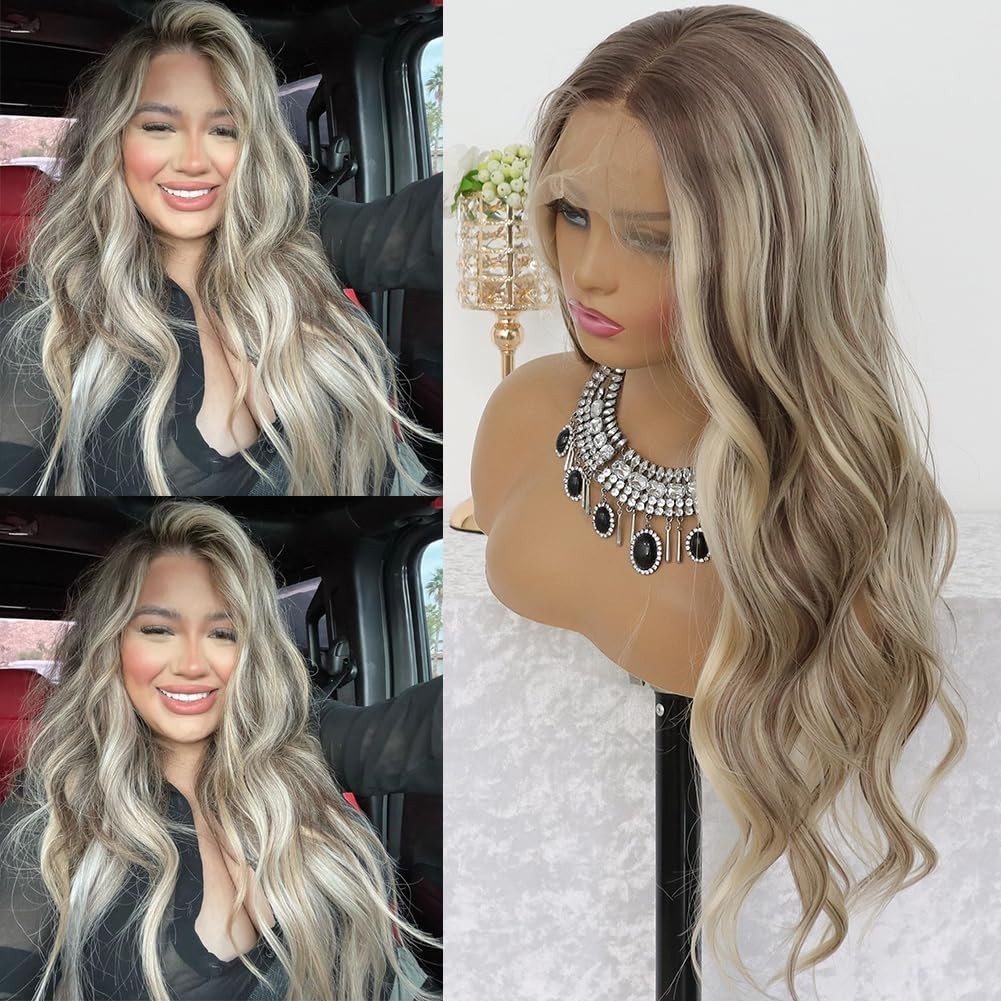 Share Ash Blonde Highlight Lace Front Wig 13×4 Glueless Wavy 24 Inch Ombre