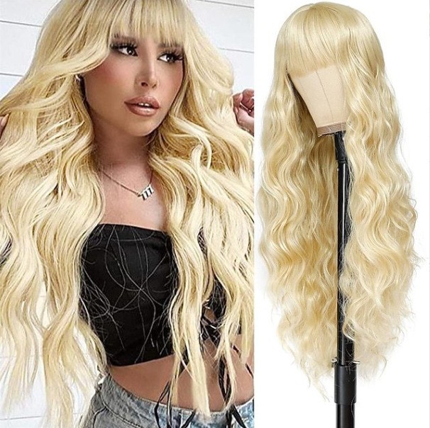 Multicolor Water Wave Long Curly Wig with Bangs Heat Resistant Synthetic Full