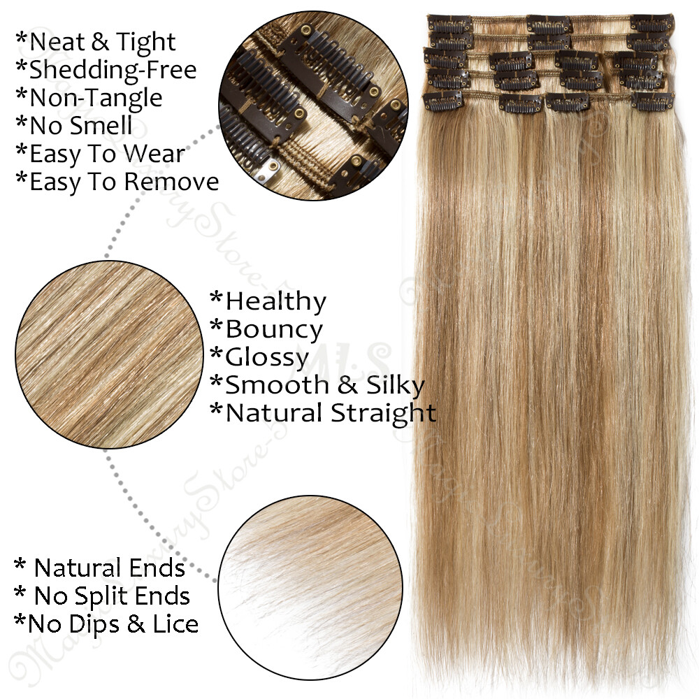 AAAAAAAA Russian 100% Human Hair Extensions Full Head Clip in Remy 8 PIECES Soft