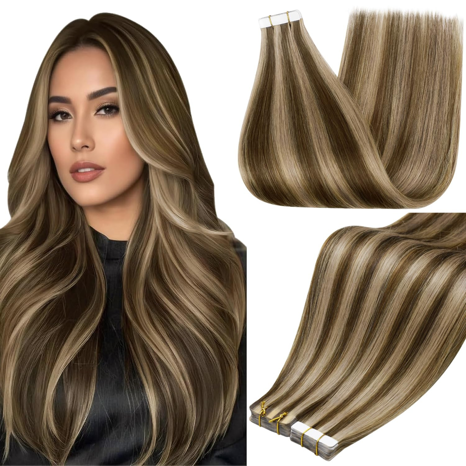 18″ Tape-In Hair Extensions Color 4P27 Medium Brown & Honey Blonde 20Pcs