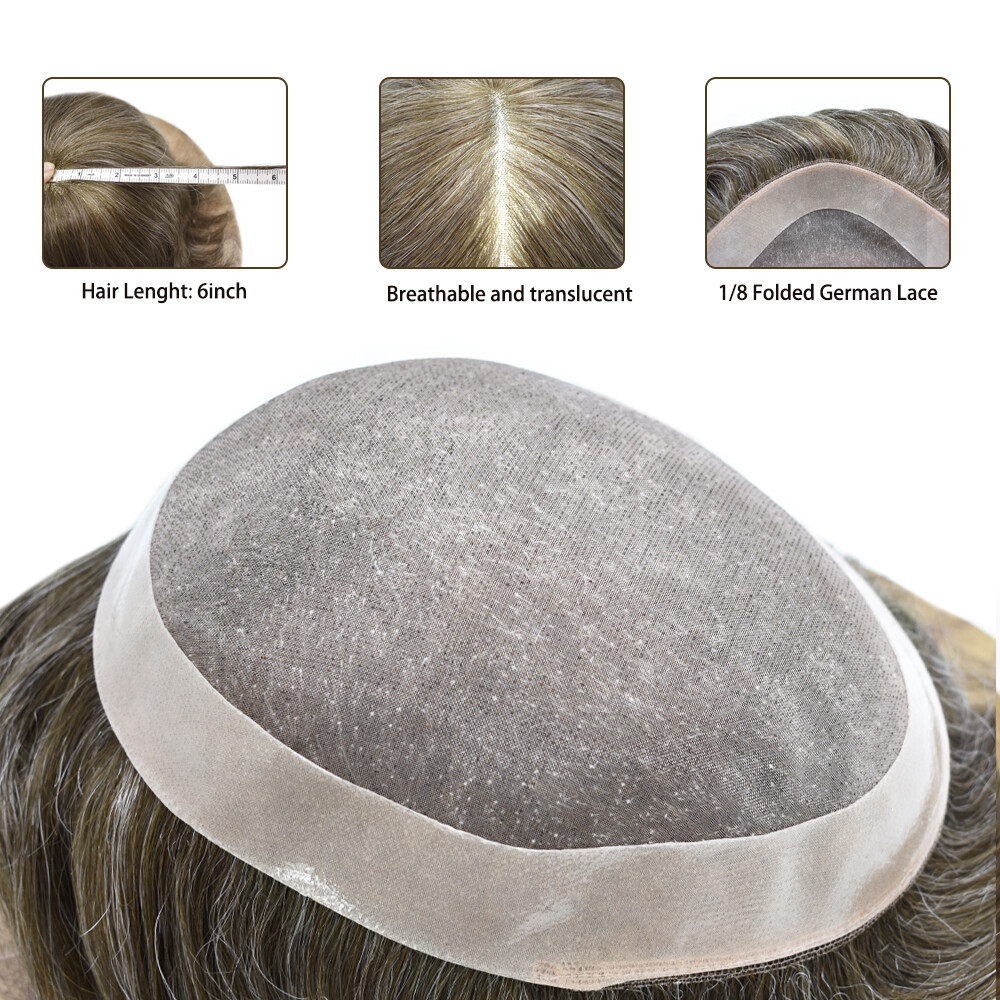 Fine mono Mens toupee hairpiece poly skin Human hair system replacement men wig