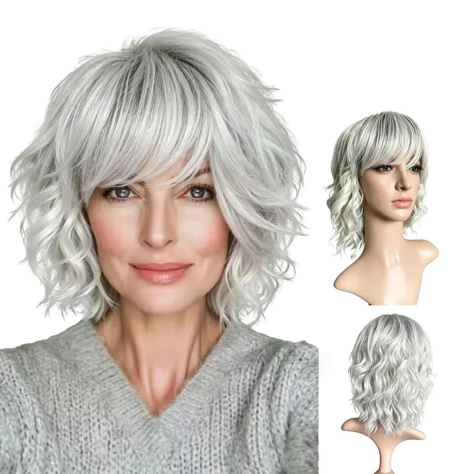 Short Silver Ombre Gray Wavy Wig Shoulder Length Bob Wig with Bangs for Women