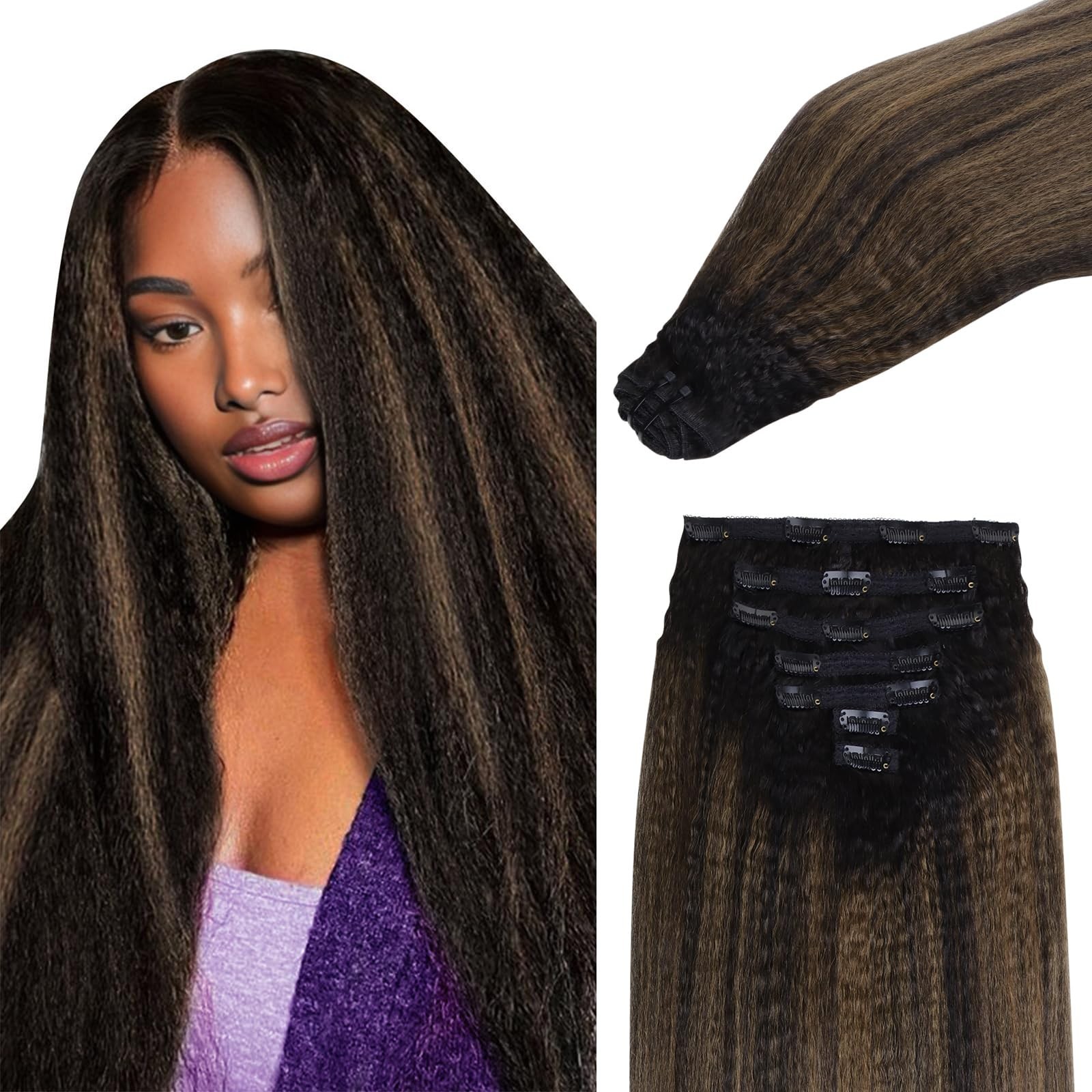 Seamless Clip-In Hair Extensions 16″ Kinky Straight 110g 7pcs Balayage Natural B