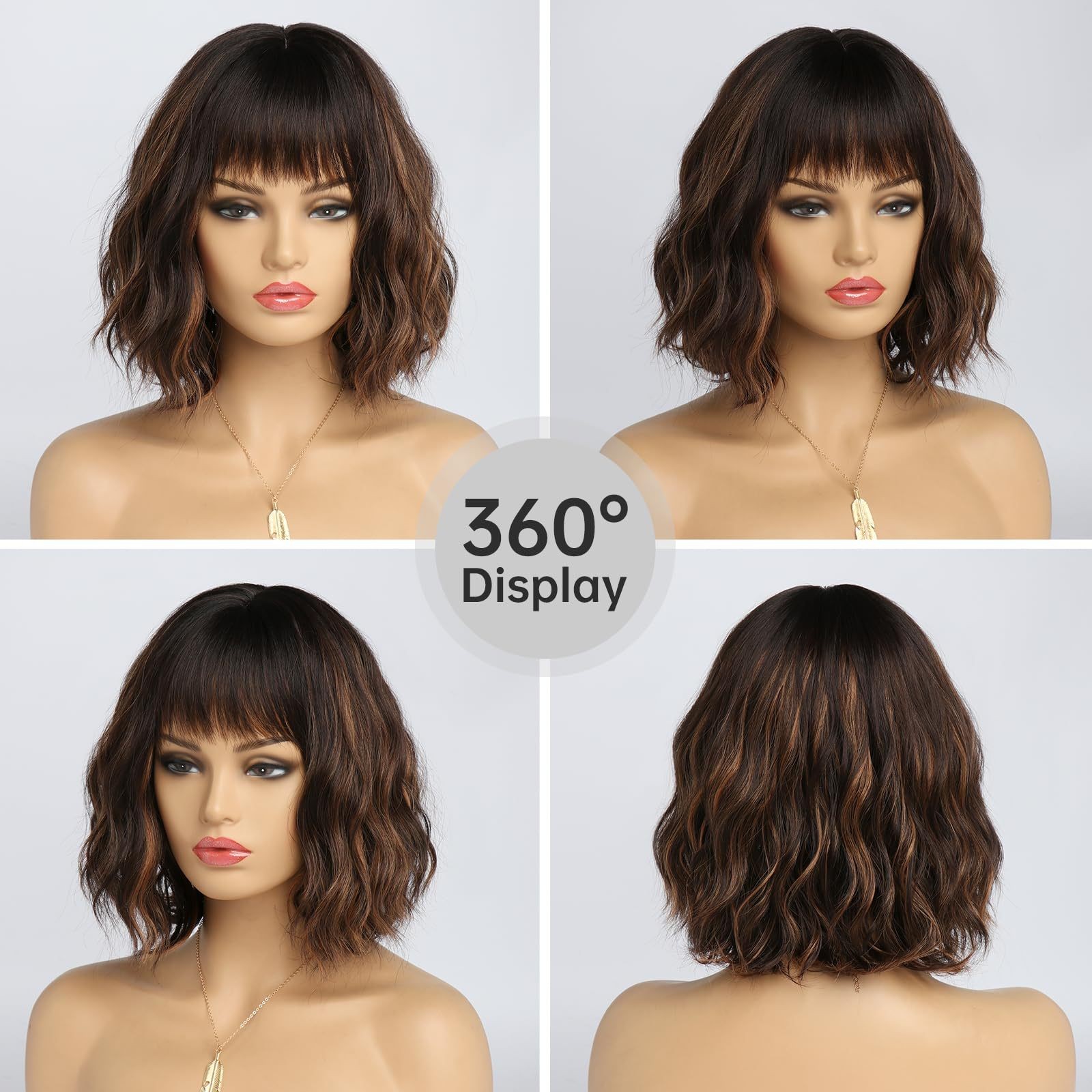 Mixed Color Water Wave Short Curly Wig with Bangs Heat Resistant Synthetic Full