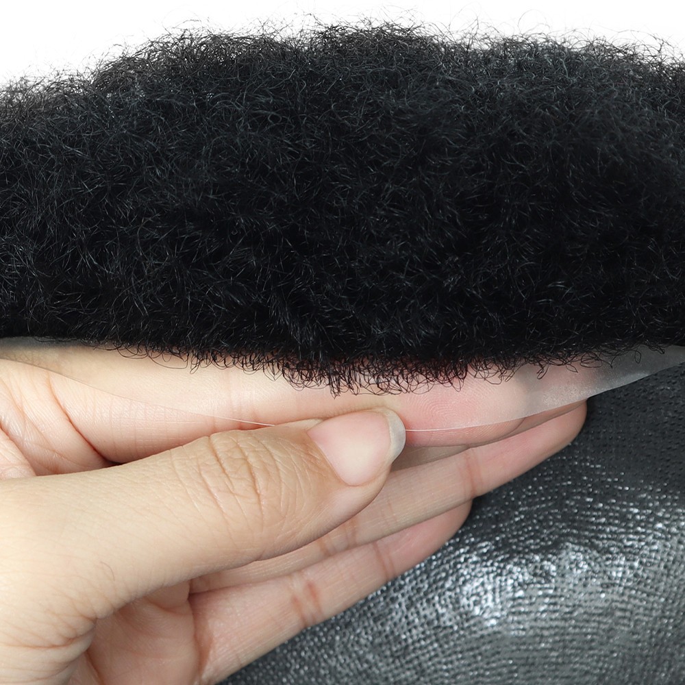 Mens Toupee Human Hair Afro Curl 6mm Poly Skin Off Black Hair Pieces #1B