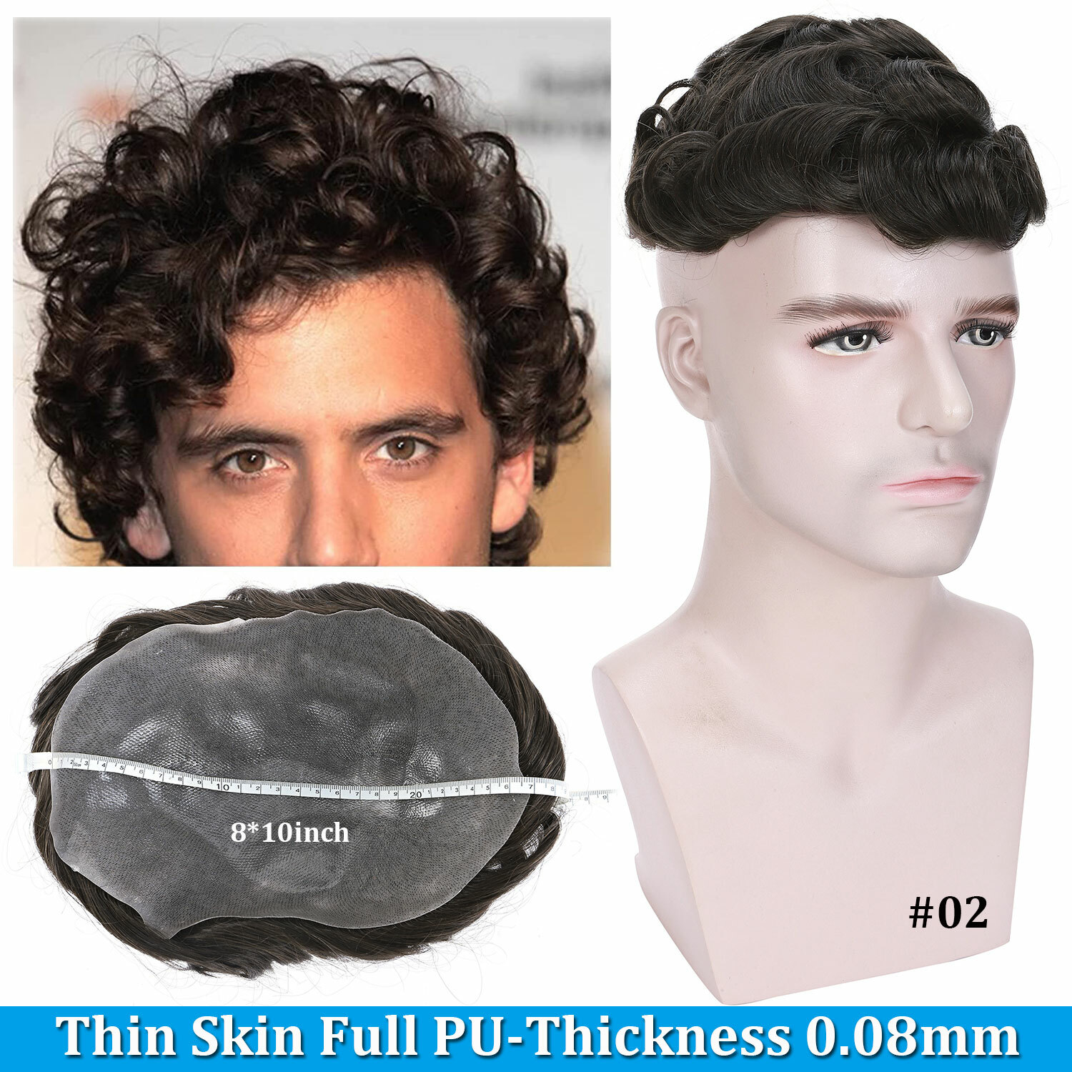 Men 100% Human Hair Replacement System Hairpiece Skin PU Base Toupee Black/Brown
