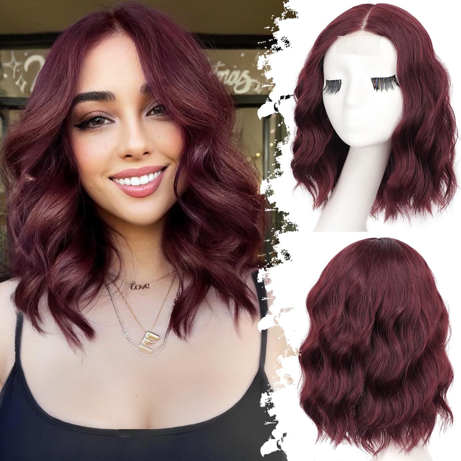 Small Lace Water Wave Short Curly Synthetic Full Head Wig Heat Resistant Daily