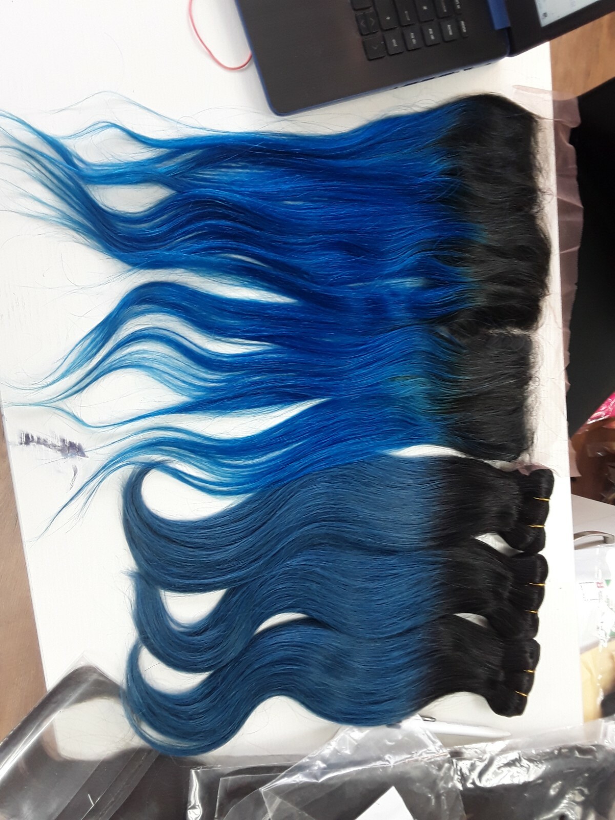 1B#/BLUE OMBRE BRAZILIAN VIRGIN HUMAN HAIR STRAIGHT BUNDLES 16+16+16&16 FRONTAL