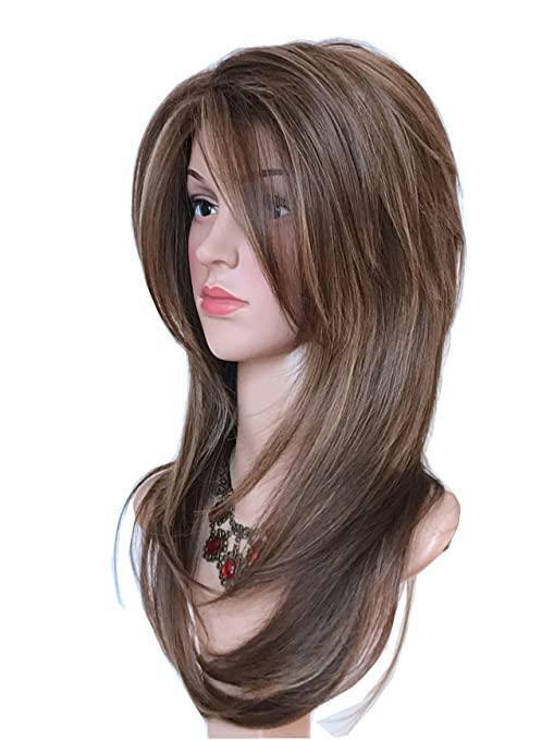 Women Dark Brown w/Gold Highlight Ombre Shoulder Length Wig Synthetic Curly Hair