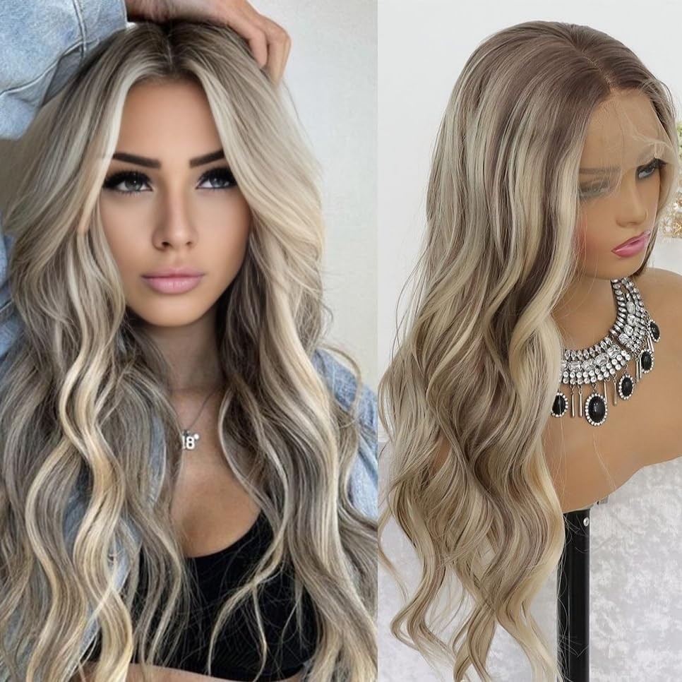 Share Ash Blonde Highlight Lace Front Wig 13×4 Glueless Wavy 24 Inch Ombre