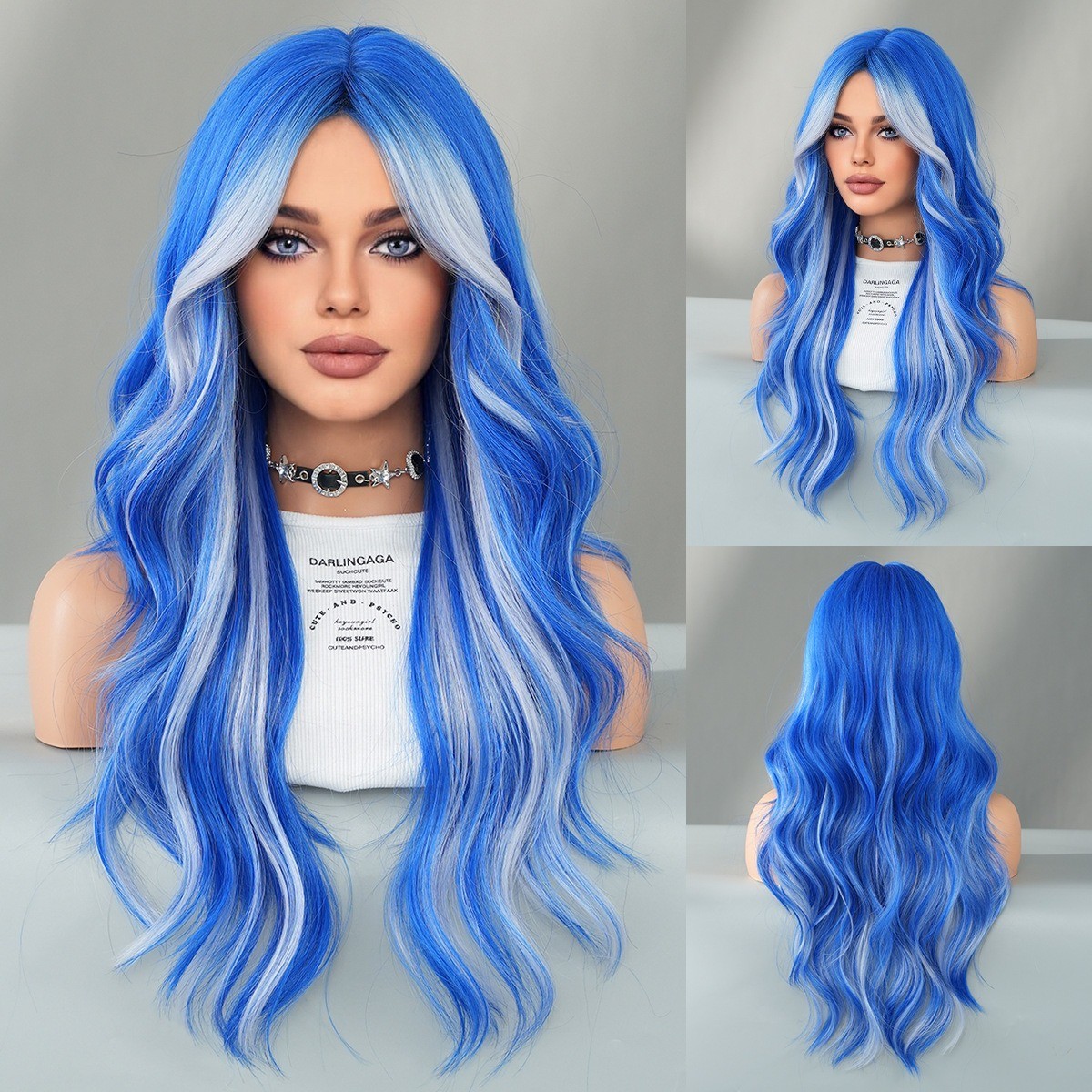Full head wig with side-swept bangs colorful flame orange highlights and long