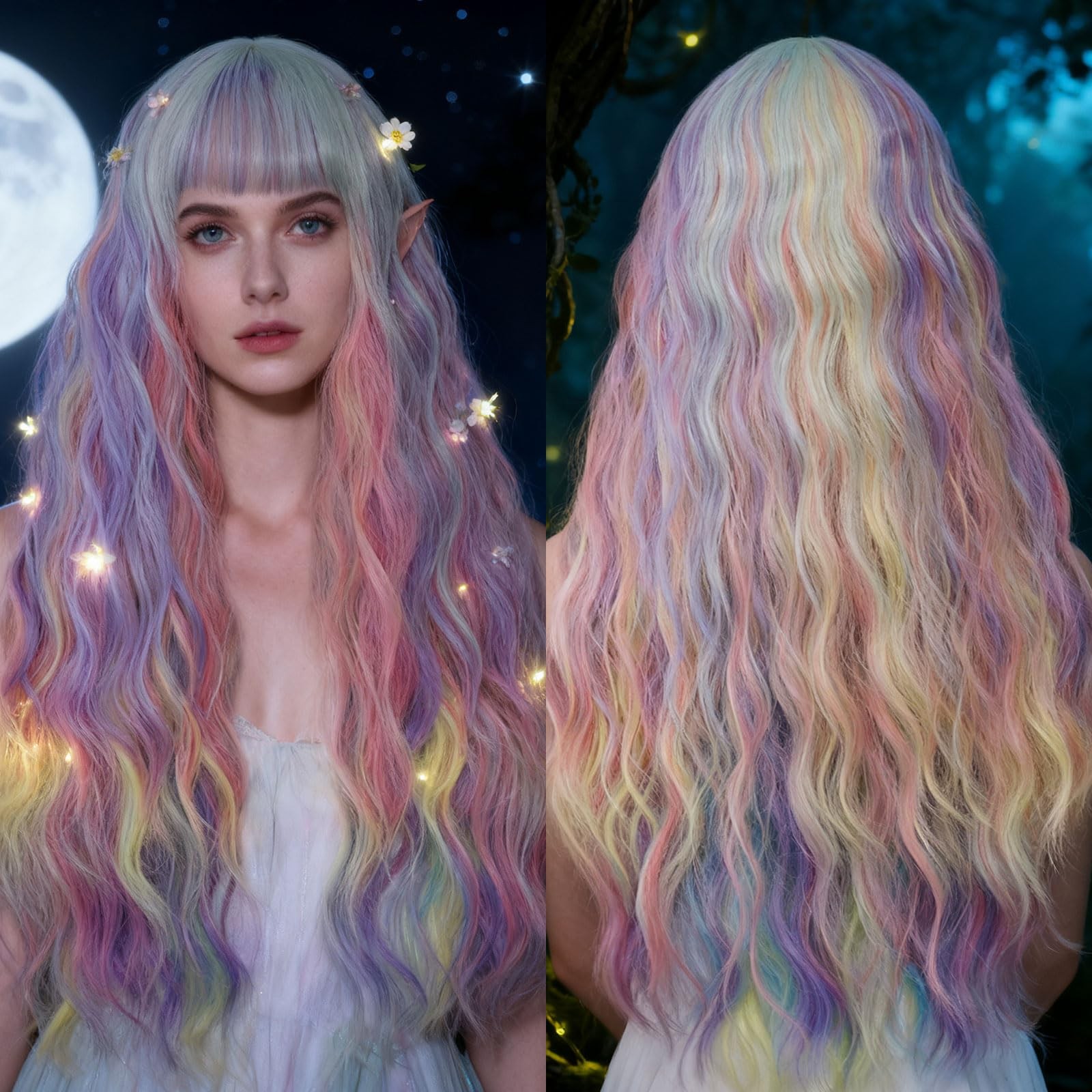 Women’s Multi Color Rainbow Wig 27 Inches Long Curly Wavy Hair Wig Heat Resis…