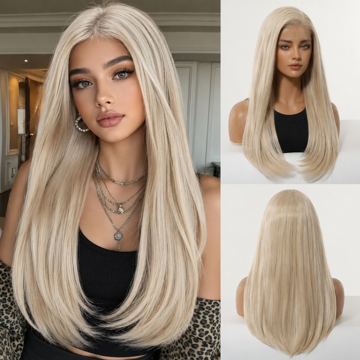 Synthetic Hair Heat Resistant Highlight Blonde Lace Front Wig Long Straight