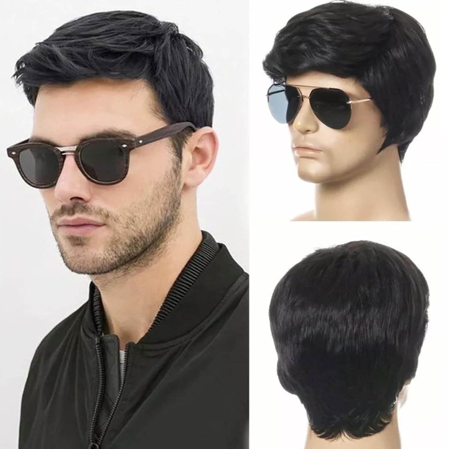 Men’s Black Men Wig Short Full Wigs Straight Little Wavy Synthetic Hair Daily US