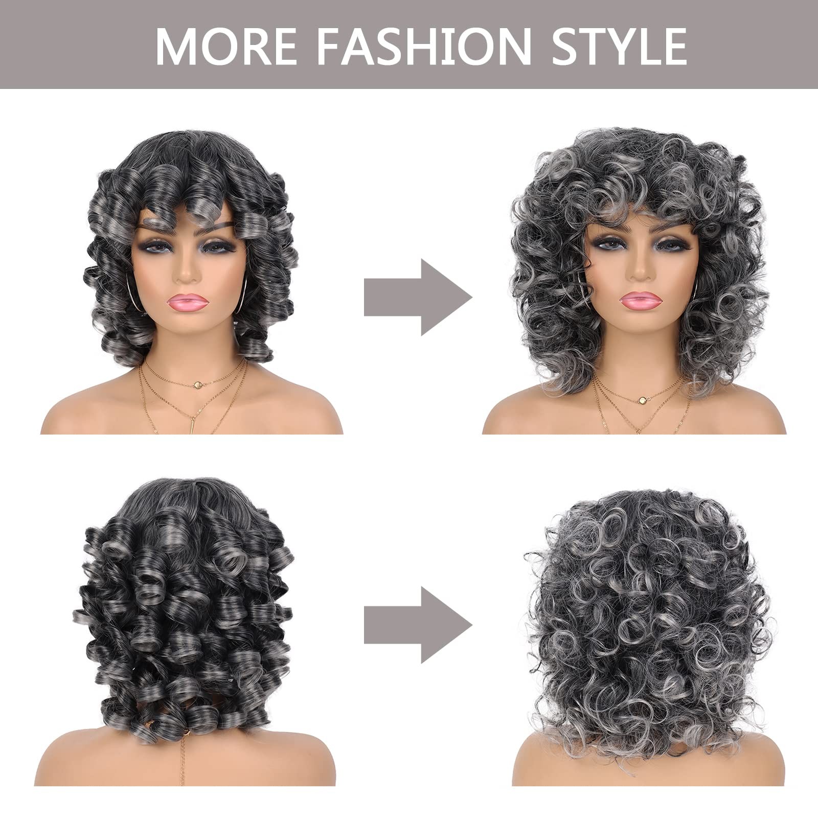 Grey Curly Wig with Bangs for Black Women Glueless Wear and Go Wig Afro Curly…
