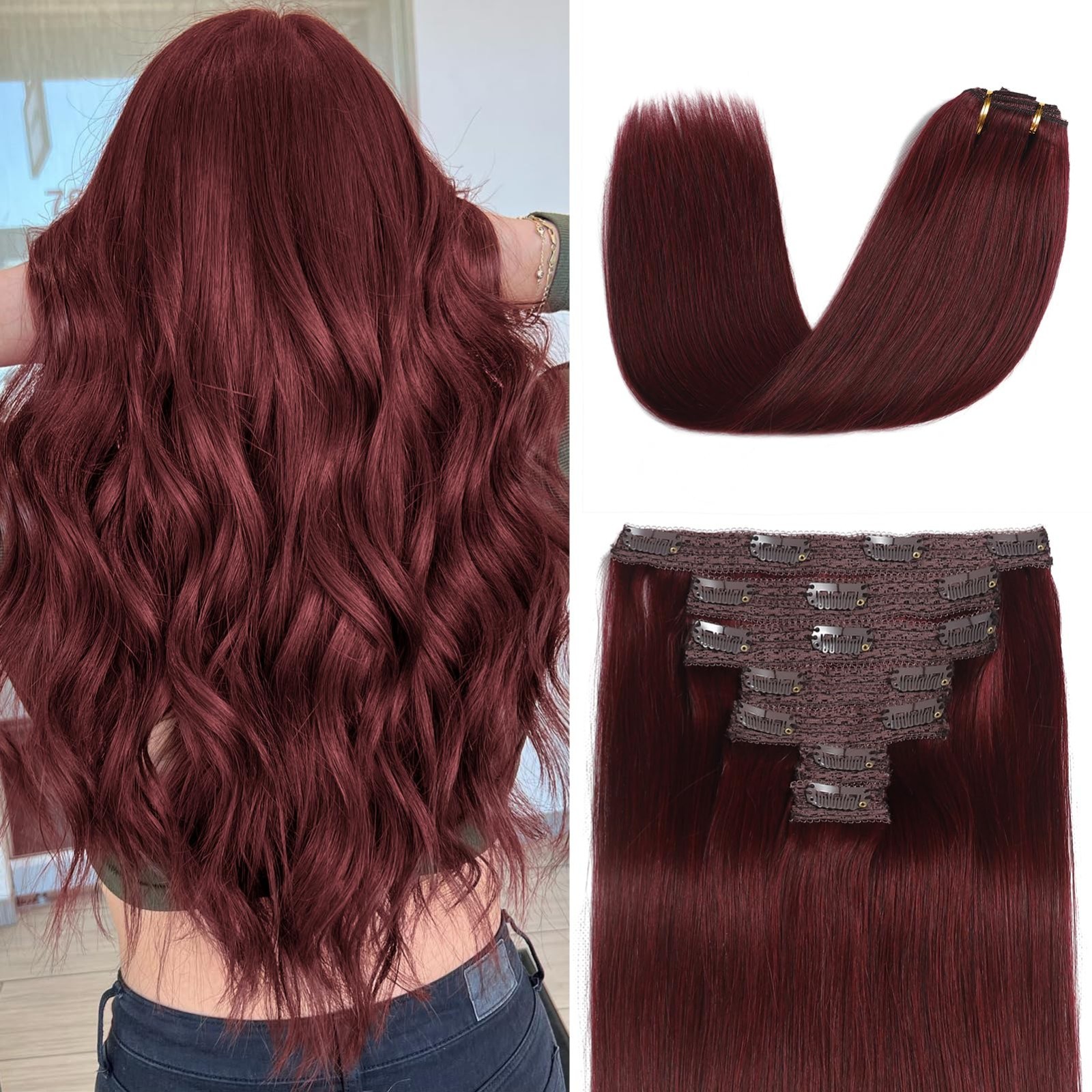 20″ Clip-in Real Human Hair Extensions 7pcs 120g Burgundy Red Soft Remy Straight