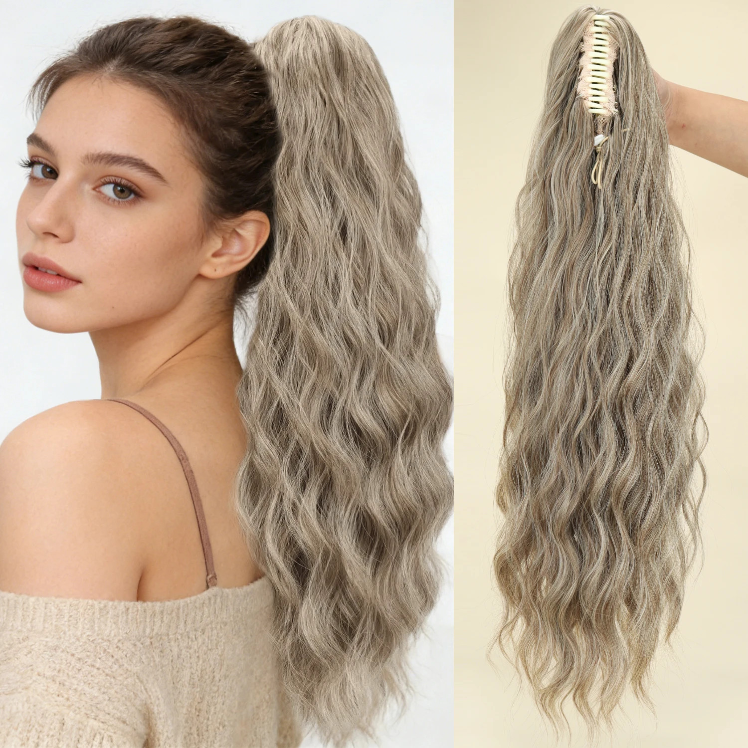Heat Resistant Fiber Fluffy Messy Water Wave Claw Clip Ponytail Hair Extensions