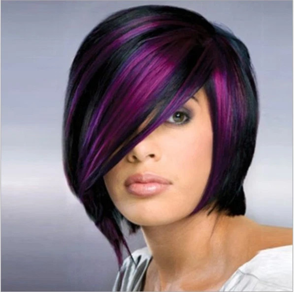 Women’s Black Purple Mix Short Straight Bob Wigs Side Bangs Synthetic Party Wig