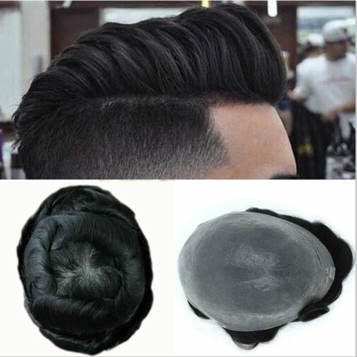 Full Poly Thin Skin Mens Toupee PU Human Hair System Replacement Wig for Men