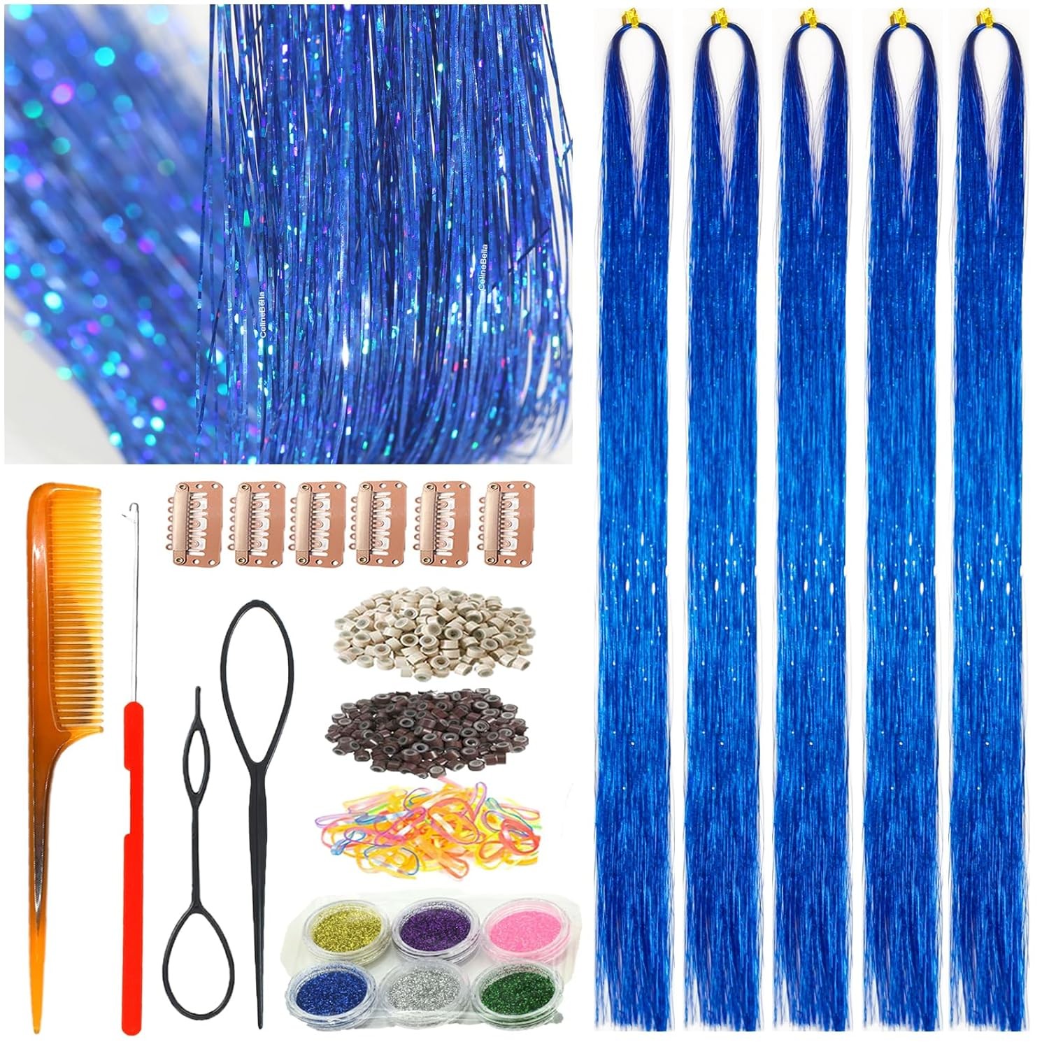 Blue Hair Tinsel,Fairy Hair Tinsel Extension,5 Pcs 1250 Strands 48 Inch Heat Res
