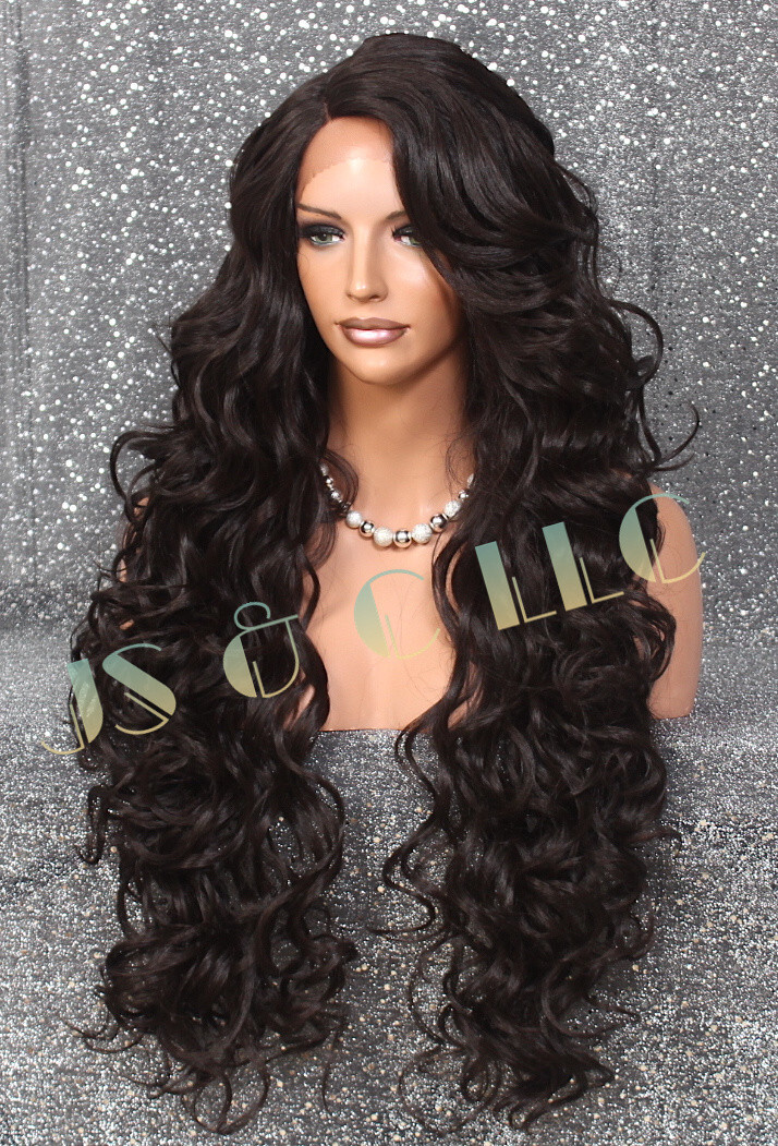 40″ Human Hair Blend Mono Top Full Lace Front Wig Dark Brown Heat OK WBPR 4