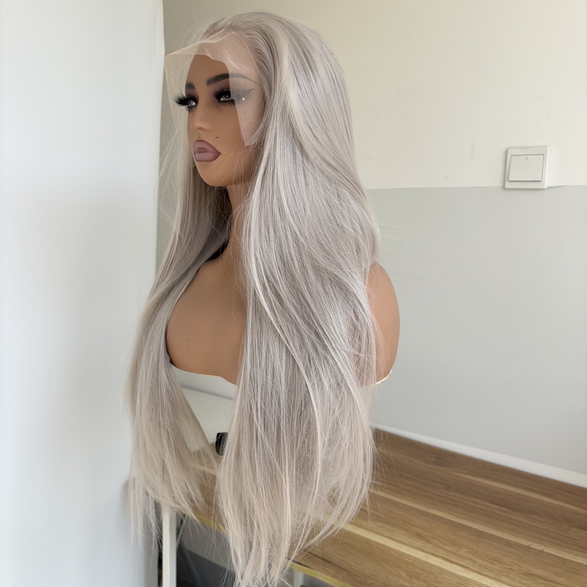 Long Straight Frontal Lace Wig Heat Resistant Hair Silver Pre Plucked
