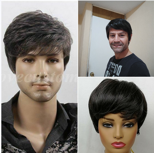 Short Black with Gray Men’s Wig Natural 100% Human Hair Wig for Male Natural Wig