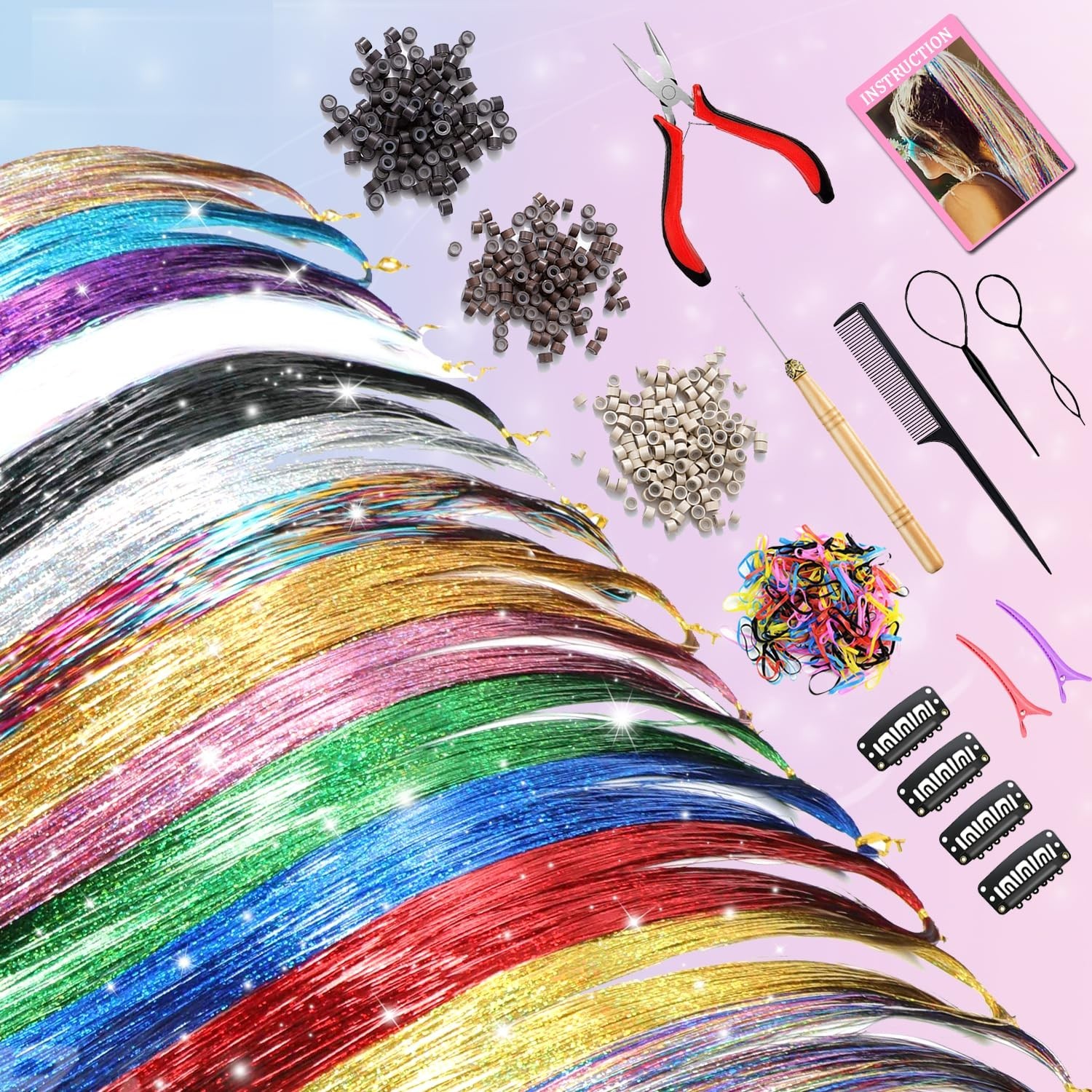Fashion-Forward Hair Tinsel Kit: 20 Stunning Colors, Includes Easy-Use Tools