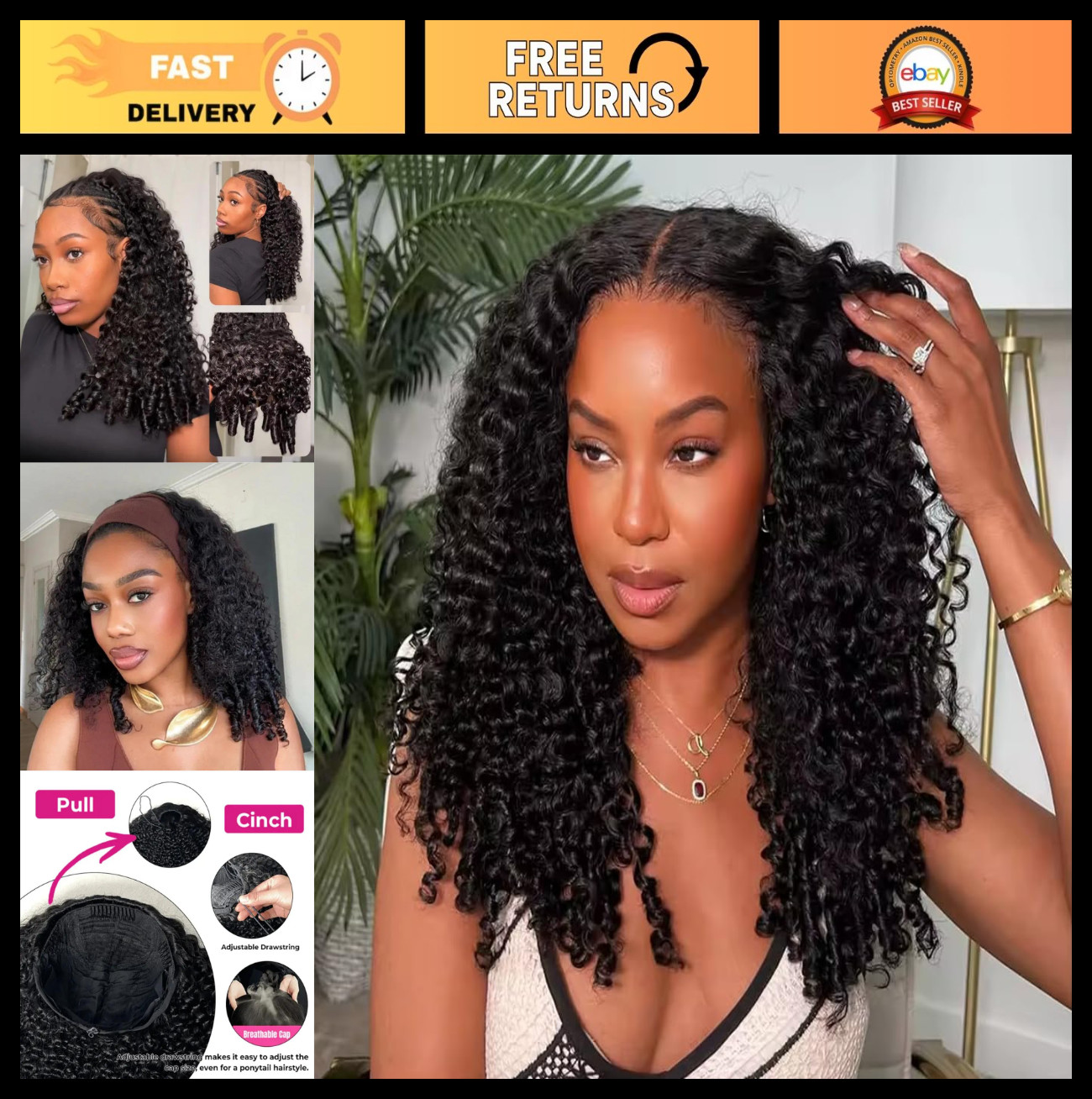 Burmese Curly Half Wig 180 Density Human Hair 22″ Glueless Drawstring Headband W