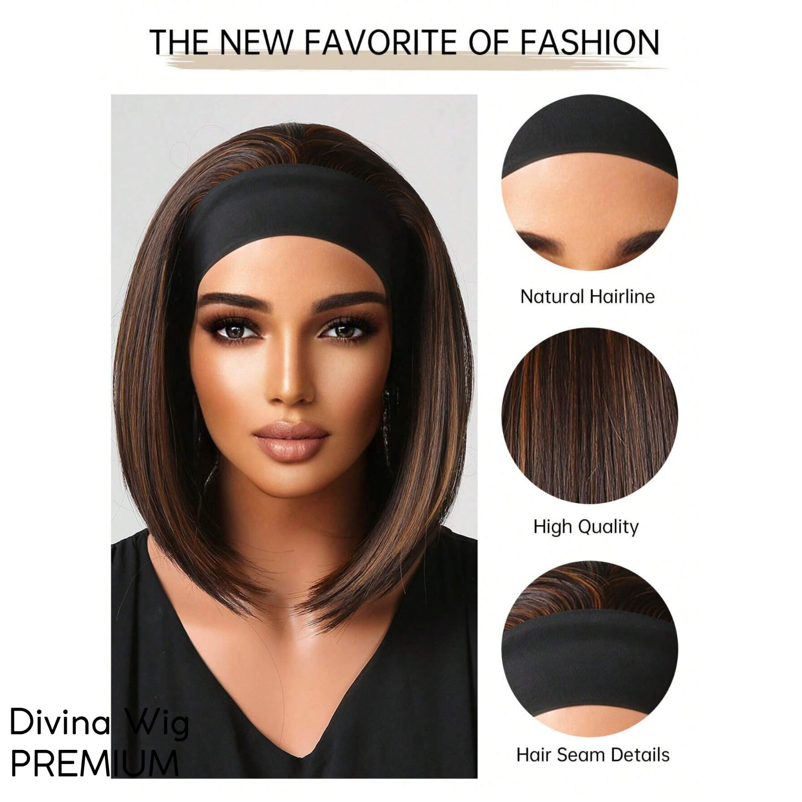 Straight Bob Headband Wig Brown Highlights Synthetic Hair 12 Inch Natural Look G