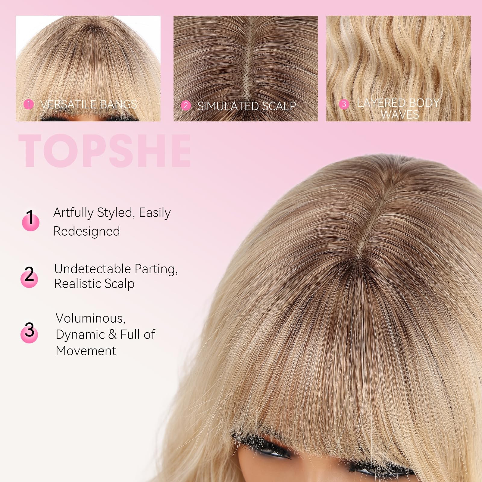 Ash Blonde Wig with Bangs for Women 18 Inch,Wavy Curly Copper Hair Shoulder L…