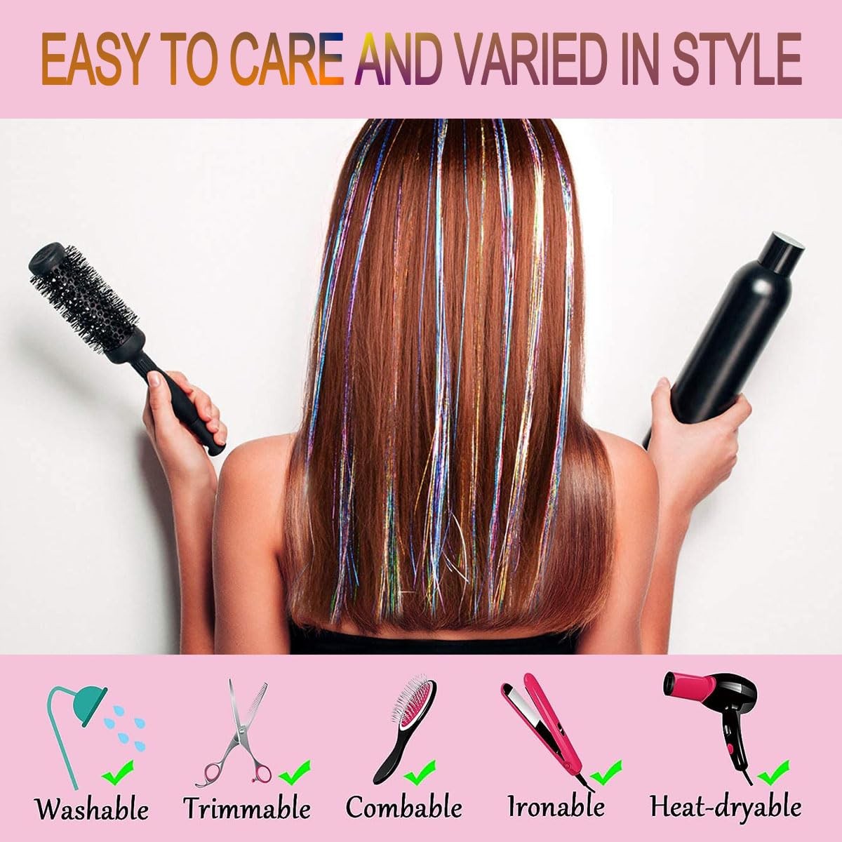 Blue Hair Tinsel,Fairy Hair Tinsel Extension,5 Pcs 1250 Strands 48 Inch Heat Res