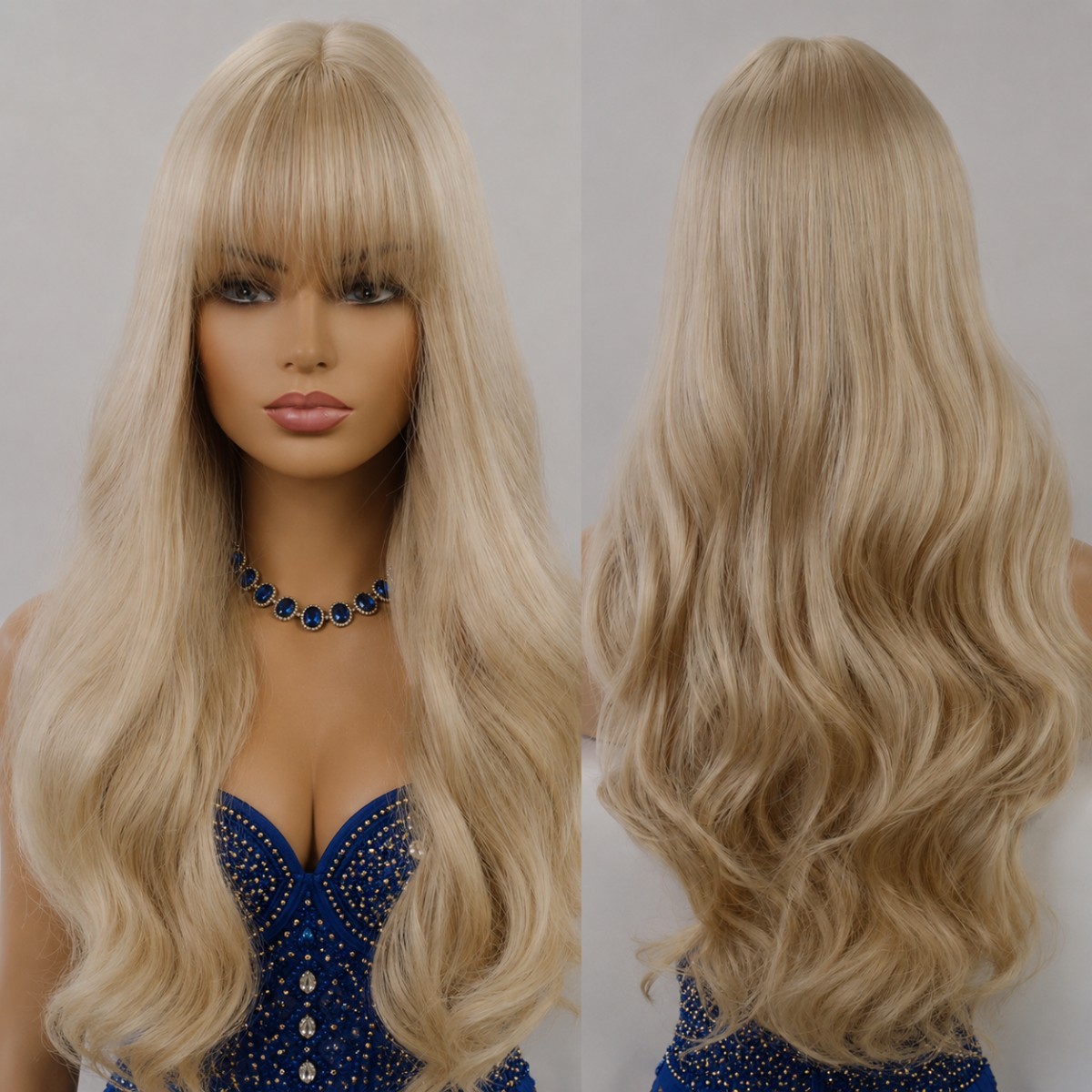Heat Resistant Hair Cosplay Wig With Bangs Long Wavy Blended Blonde Halloween
